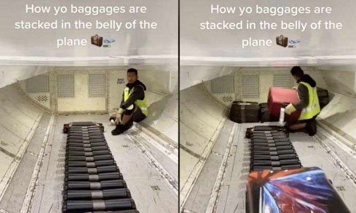 Airport staff laying out a conveyor belt horizontally inside the cargo hold