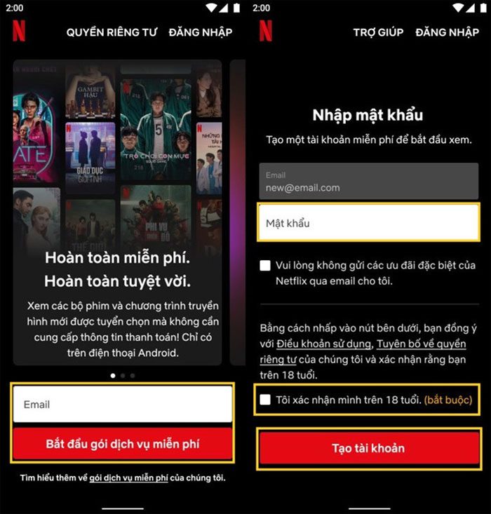 Open the Netflix application, register an account with your email