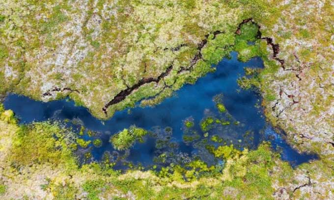Melting permafrost causes numerous cracks in the polar ground.