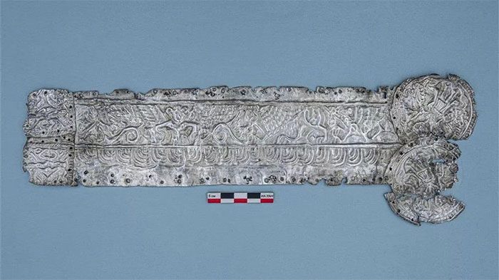 The silver plate depicting a bare-breasted goddess recently discovered in Russia.