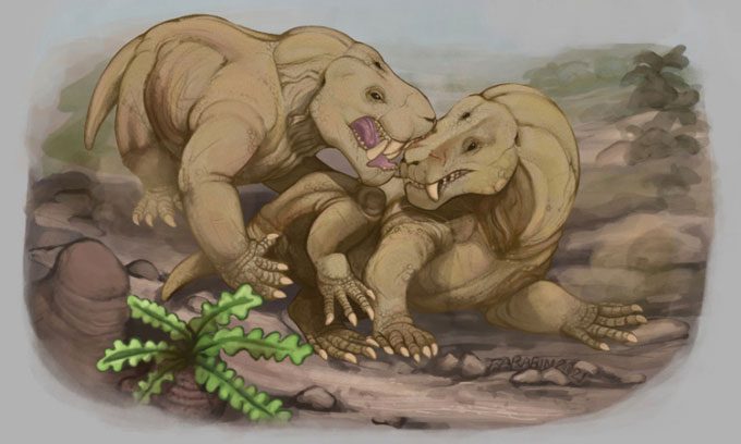 Illustration of a gorgonopsian biting another of its kind.