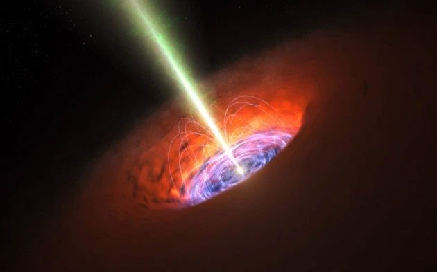The event horizon of a black hole and the surrounding accretion disk.