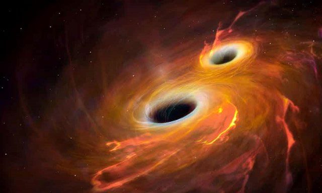Illustration of two black holes orbiting each other.