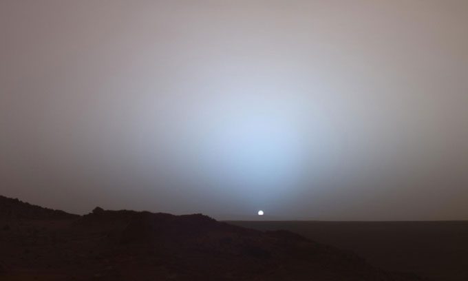 The Spirit rover captured a blue sunset in Gusev Crater, Mars, in 2005.