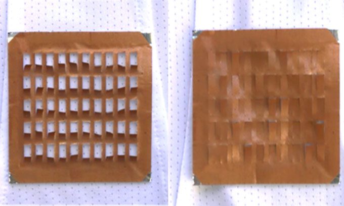 The fabric with sweat-activated vents open (left) and closed when dry (right).