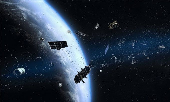Simulation of space debris in Earth's orbit.