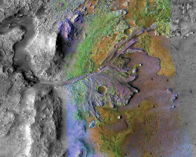 The delta region of Jezero crater captured by the Mars Reconnaissance Orbiter.