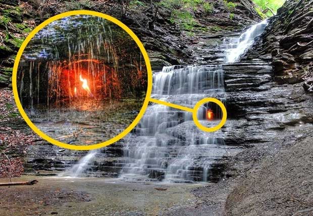 The Eternal Flame behind the waterfall in Chestnut Ridge Park, New York