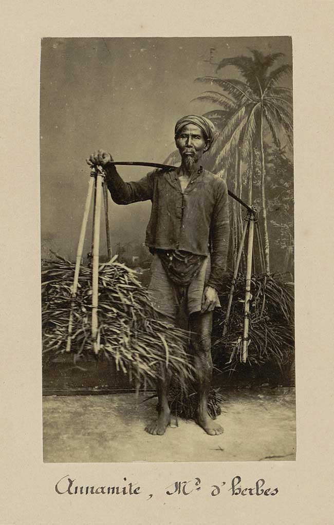 An elderly man carrying vegetables.