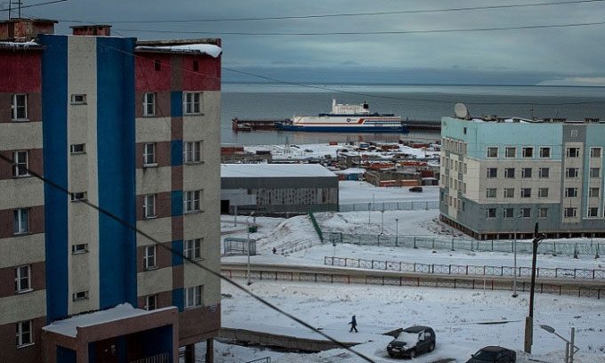 The floating nuclear power plant docked in the port town of Pevek in the Arctic.