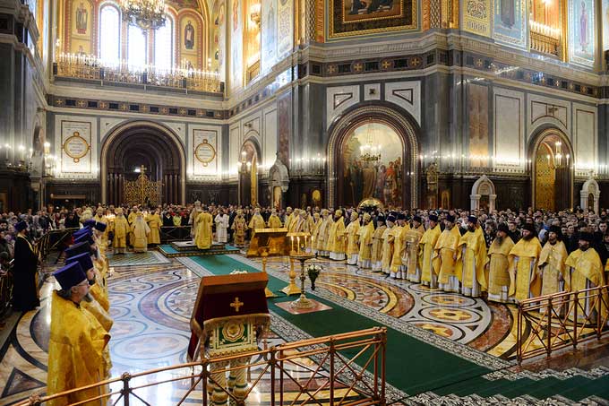 Atmosphere in an Orthodox Christian church on Christmas Eve in Russia