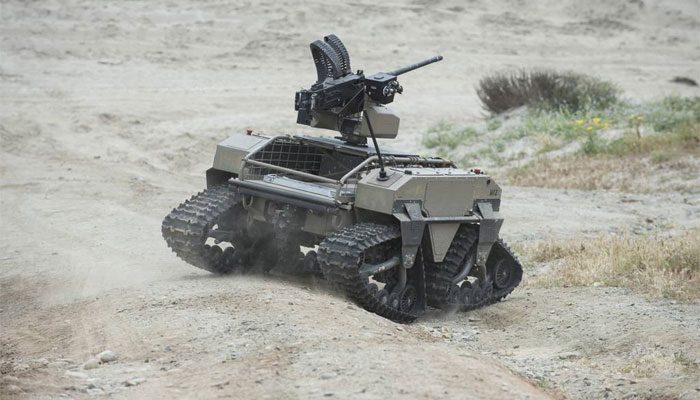 Unmanned military robots during a U.S. Navy exercise.