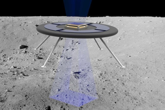 Exploration robot design resembling a flying saucer hovering on the lunar surface
