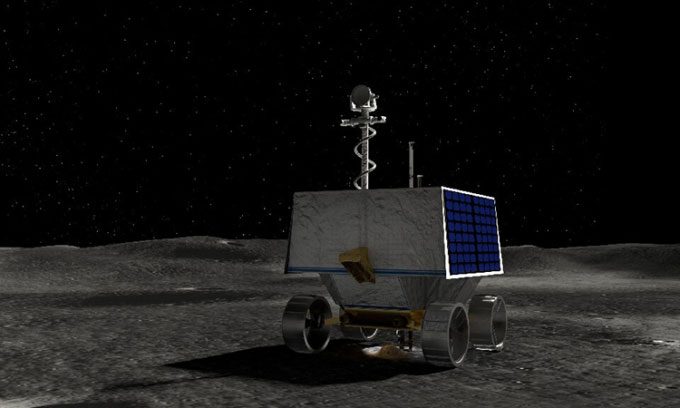 Simulation of the VIPER robot operating on the Moon's surface.