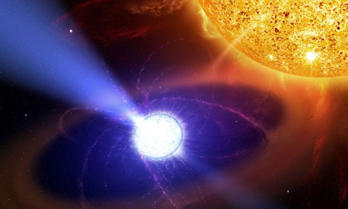 Illustration of a white dwarf star (left) spinning rapidly due to gas ejected from a red dwarf (right).