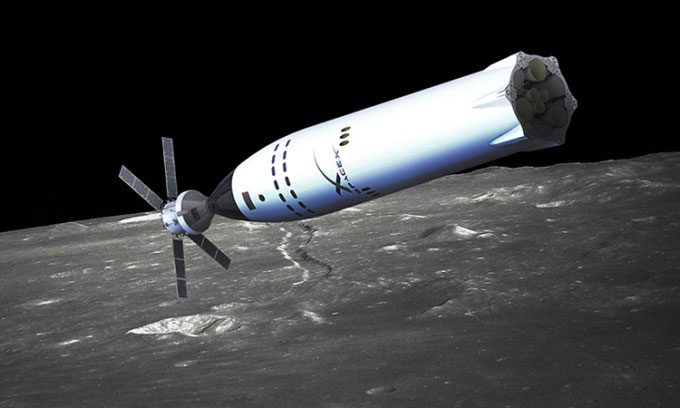 Simulation of the Orion spacecraft combined with the Starship lander.