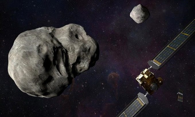 Simulation of the DART spacecraft and the LICIACube satellite approaching the asteroid system before impact