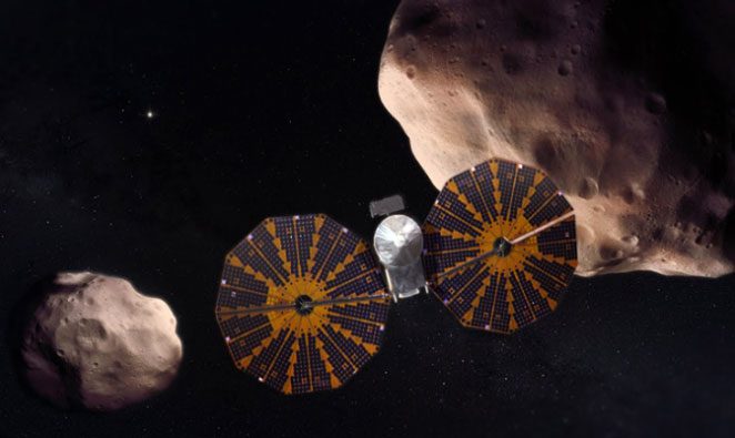 Simulation of Lucy exploring Jupiter's asteroids.