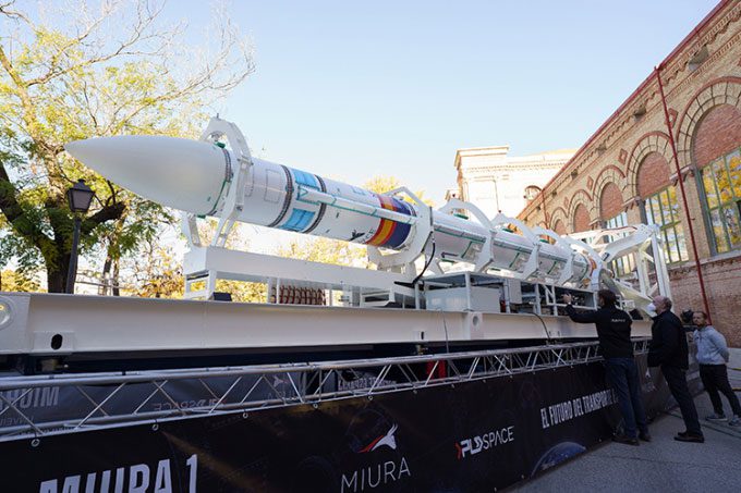 The fully reusable rocket prototype Miura 1 on display in Madrid.