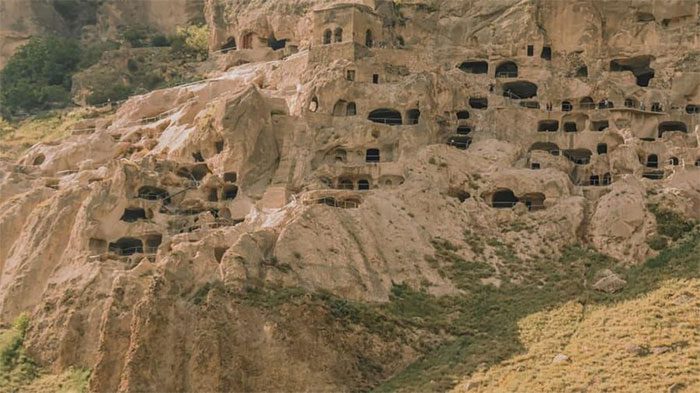 Rooftops built into the rock in the city of Vardzia, Georgia.