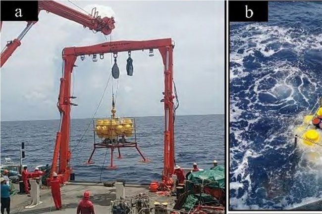Sensor device deployed in the South China Sea to collect subsurface wave data.
