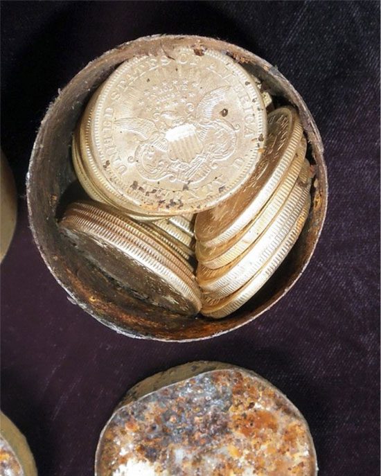 The treasure found filled with gold coins from the California Gold Rush era.