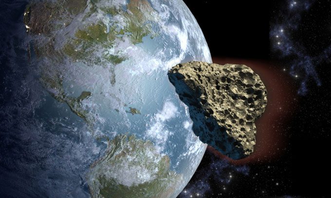 Illustration of an asteroid flying near Earth.