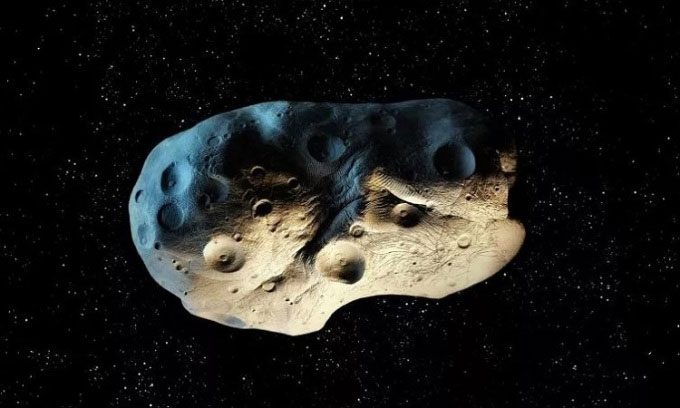 Simulation of an asteroid flying through space.