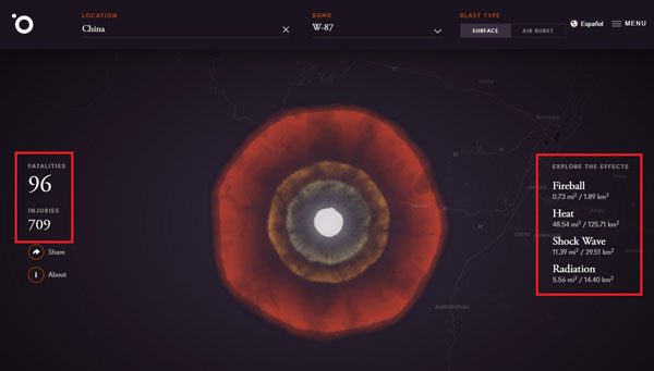 The website will immediately simulate the explosion at that location