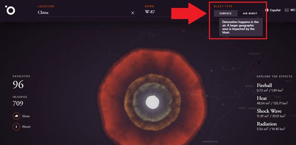 The website allows users to choose whether the bomb detonates on impact or in the air for experimentation