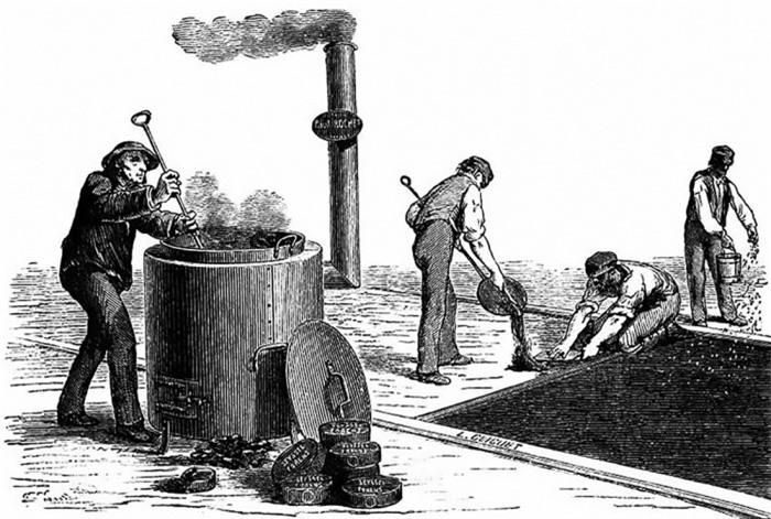 A depiction of asphalt paving from the 20th century.