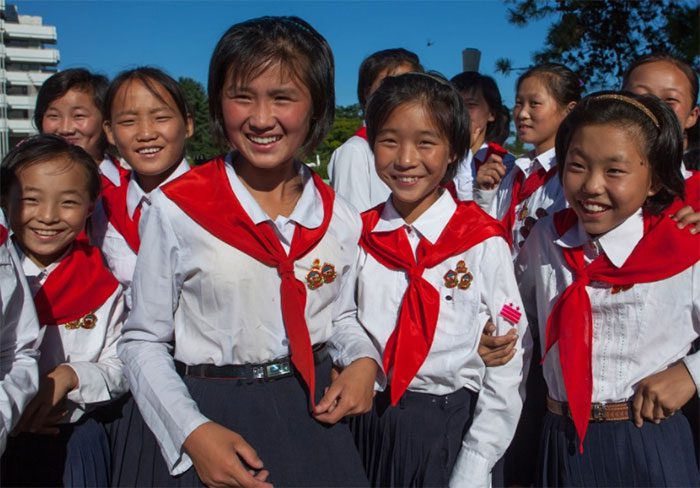 A group of outstanding female students participating in the Songdowon International Children's Camp in Wonsan.