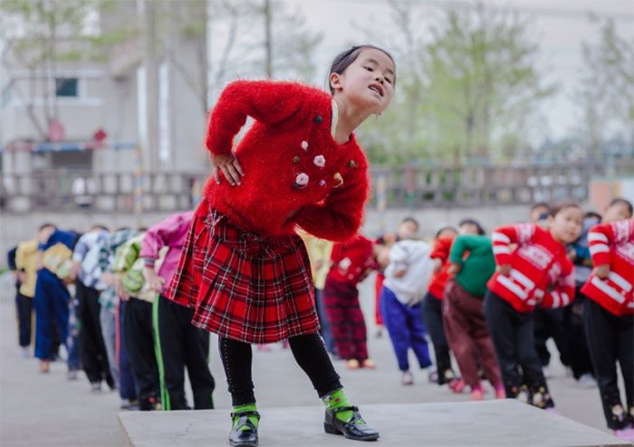 Preschool students exercising at a school in Kaesong, North Korea