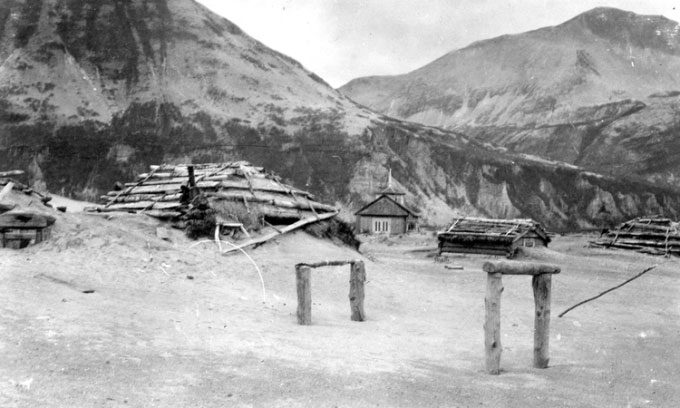 Ash around the church in Katmai village after the Novarupta volcanic eruption in June 1912.