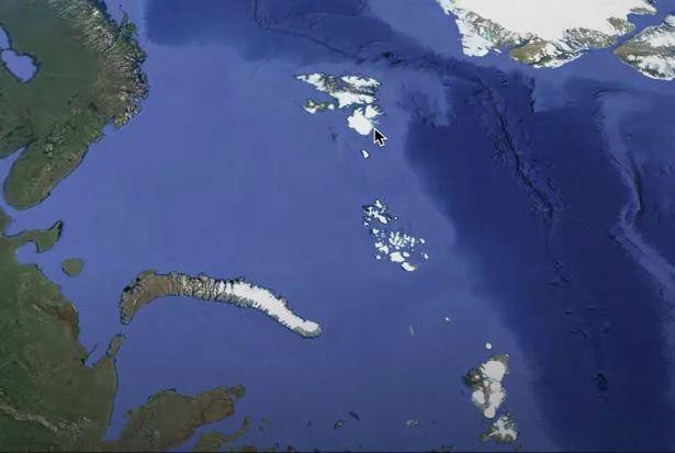 Location of the mysterious structure (arrow) in the Arctic discovered via Google Earth.