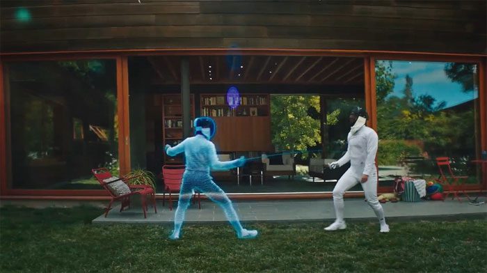 Mark Zuckerberg demonstrates fencing in the virtual world.