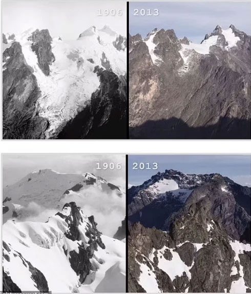 Changes in glacier mass on mountain peaks in Africa.