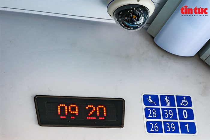 Electronic board displaying weather, date, time, and total number of seats on the bus