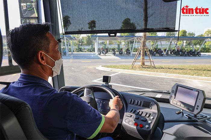 Close-up of the driver's cabin of the first electric bus in Hanoi.